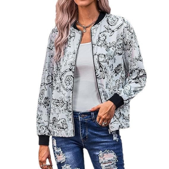 Damen Bomberjacke mit floralem Muster und elastischen Bündchen Drune