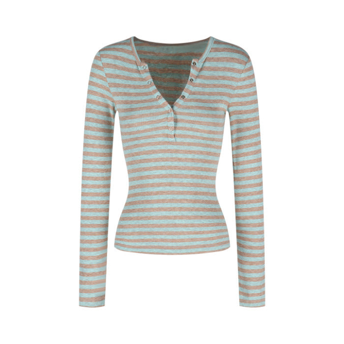 Damen Langarmshirt mit modernen Streifen und Knopfleiste Drune