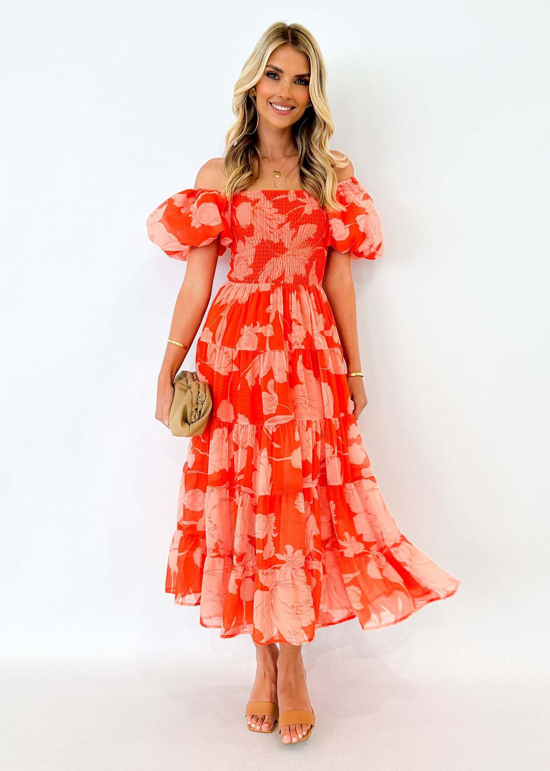 Damen Maxikleid mit Puffärmeln und floralem Design Drune