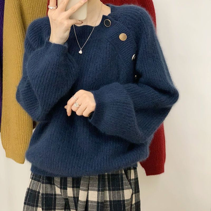 Damen Eleganter und bequemer Strickpullover mit dekorativen Knöpfen Drune