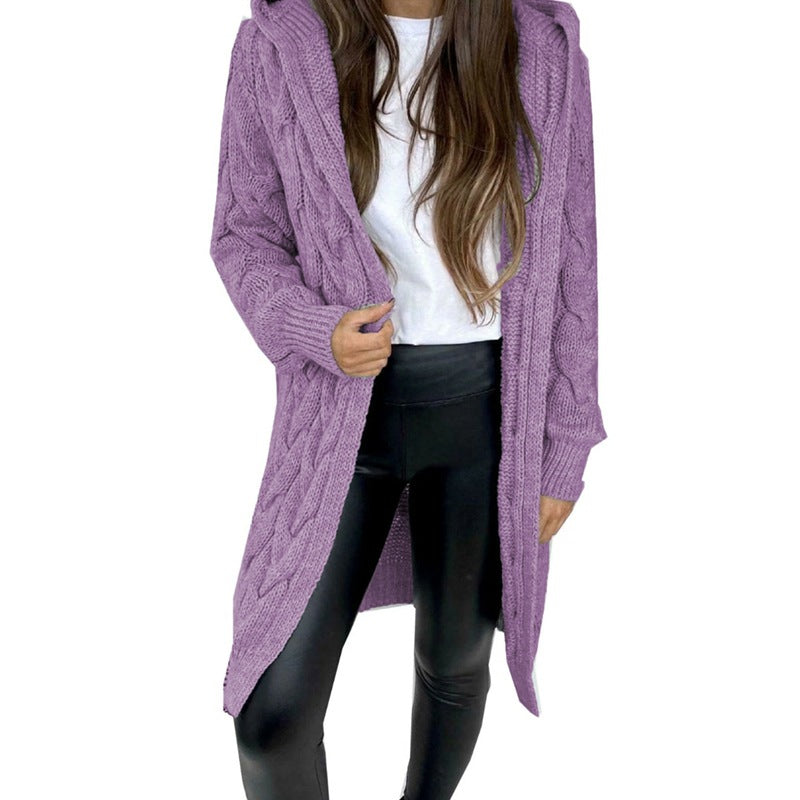 Damen lange Strickjacke mit Kapuze und Zopfdesign Drune