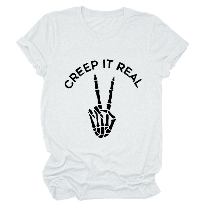 Damen Kurzarm Grafik-T-Shirt mit verspieltem Skelettdesign Drune