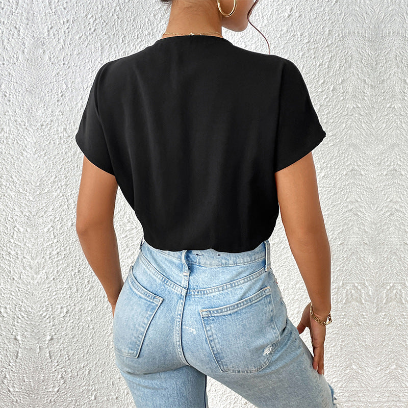 Damen Wickel-Bodysuit mit V-Ausschnitt und eleganten Puffärmeln Drune