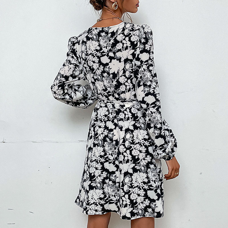 Damen Flower-Print Wickelkleid mit elastischem Taillengürtel und langen Ärmeln Drune