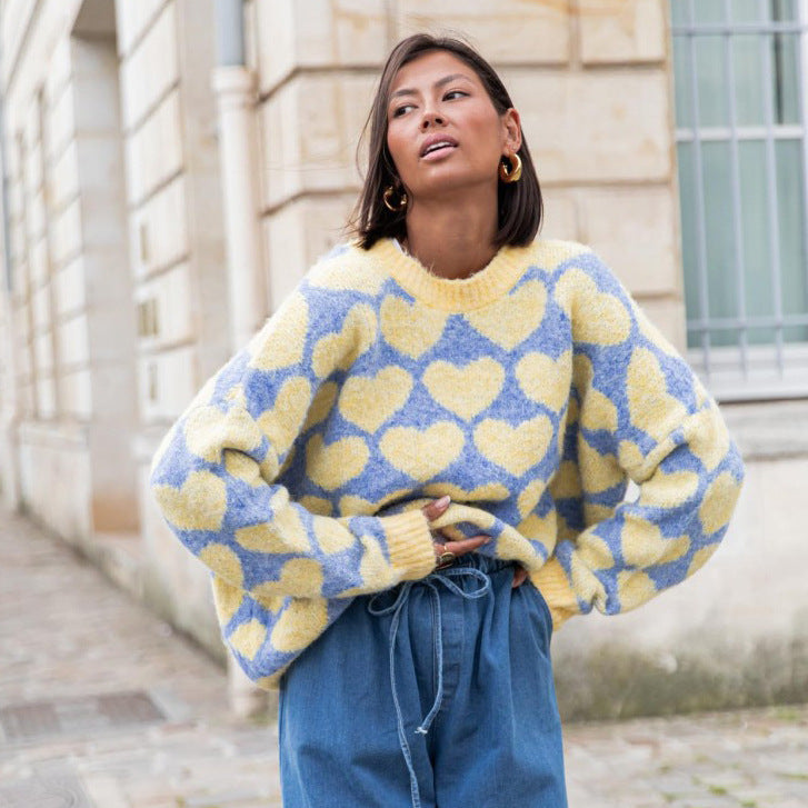 Damen Oversized Pullover mit Herzmuster und weitem Schnitt Drune