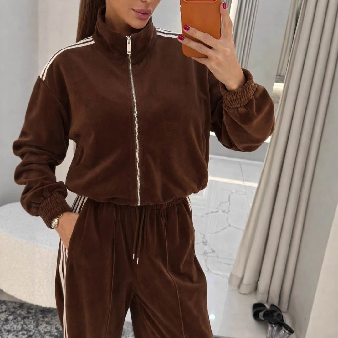 Damen sportlicher Velours-Jogginganzug mit hochgeschlossenem Kragen und elastischem Bund Drune