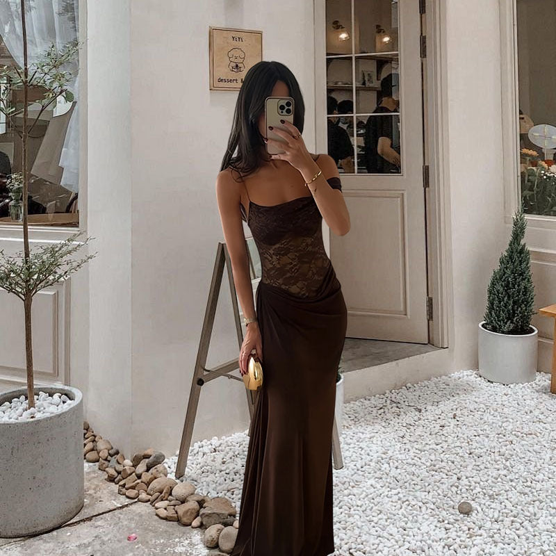 Damen Abendkleid mit schulterfreiem Spitzenoberteil und fließendem Rock Drune