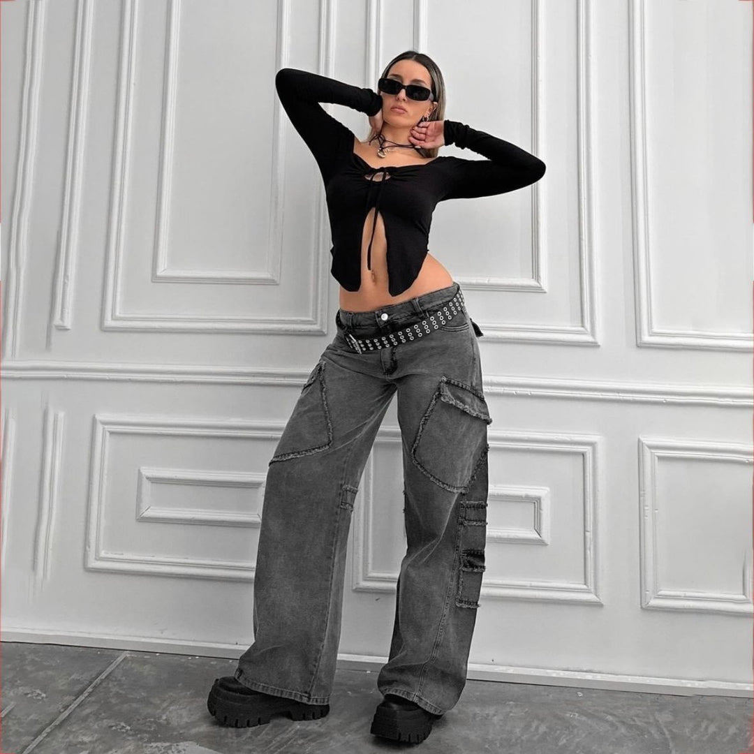 Damen Cargo-Jeans im lässigen Vintage-Style mit auffälligen Applikationen Drune