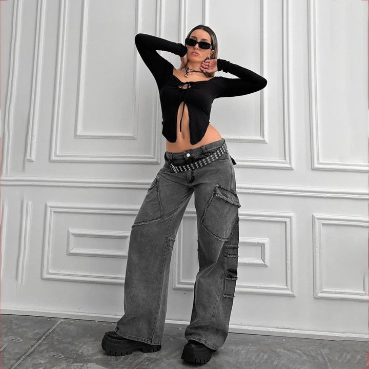 Damen Cargo-Jeans im lässigen Vintage-Style mit auffälligen Applikationen Drune