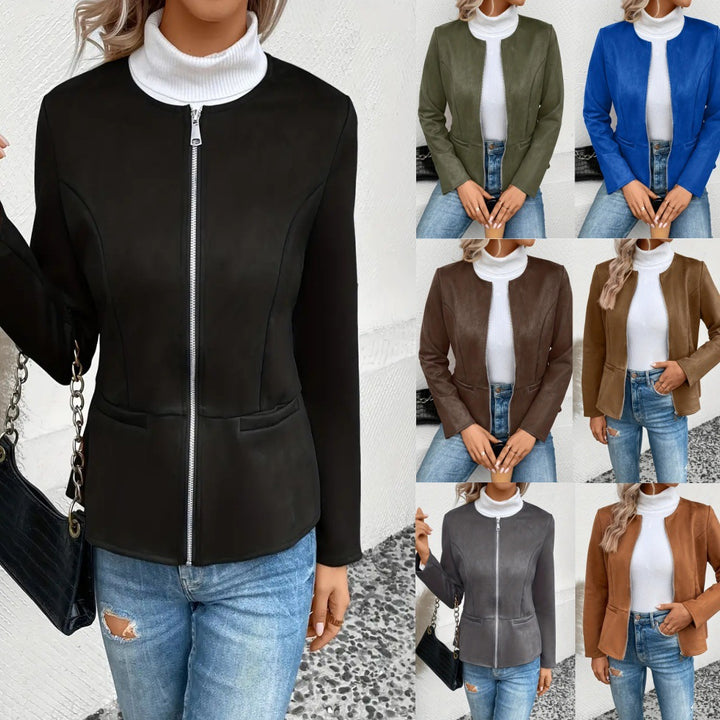 Damen modische Kunstlederjacke mit femininer Passform und Reißverschluss Drune