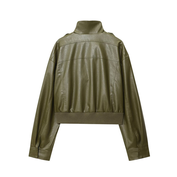 Damen modische cropped Bikerjacke mit Schulterklappen und großen Taschen Drune