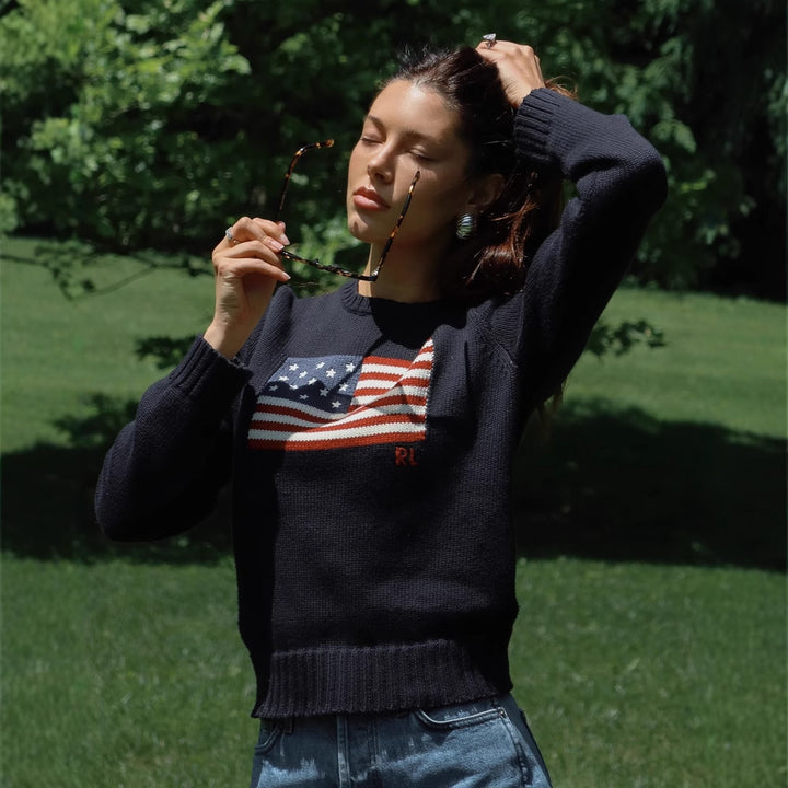 Damen modischer Pullover mit USA-Flaggenapplikation Drune