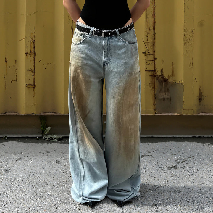 Damen weite Jeans mit einzigartigem Vintage-Waschung Drune