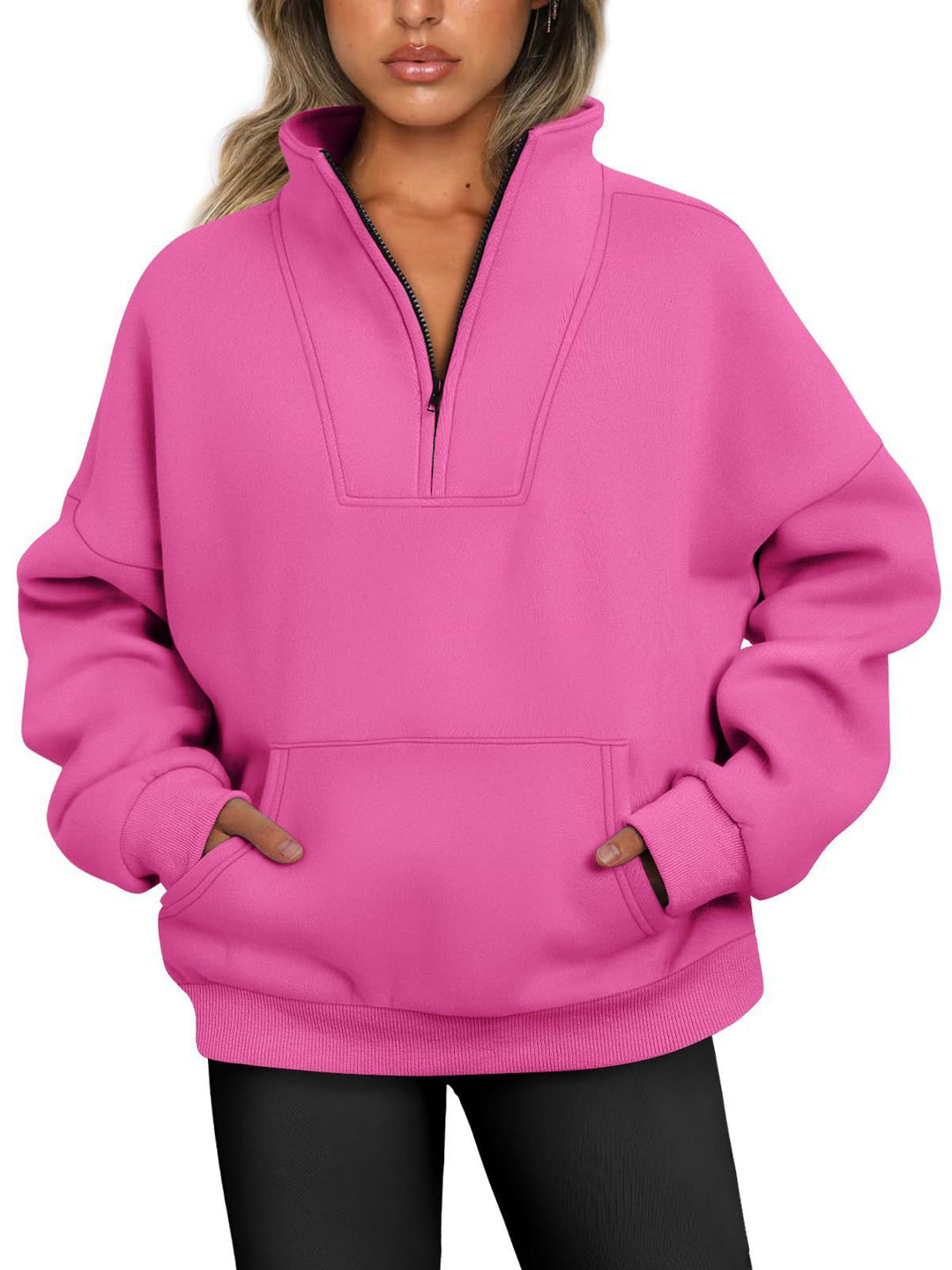 Damen nan oversized Halbzip-Hoodie mit hohem Stehkragen, Kängurutasche und gerippten Bündchen Drune