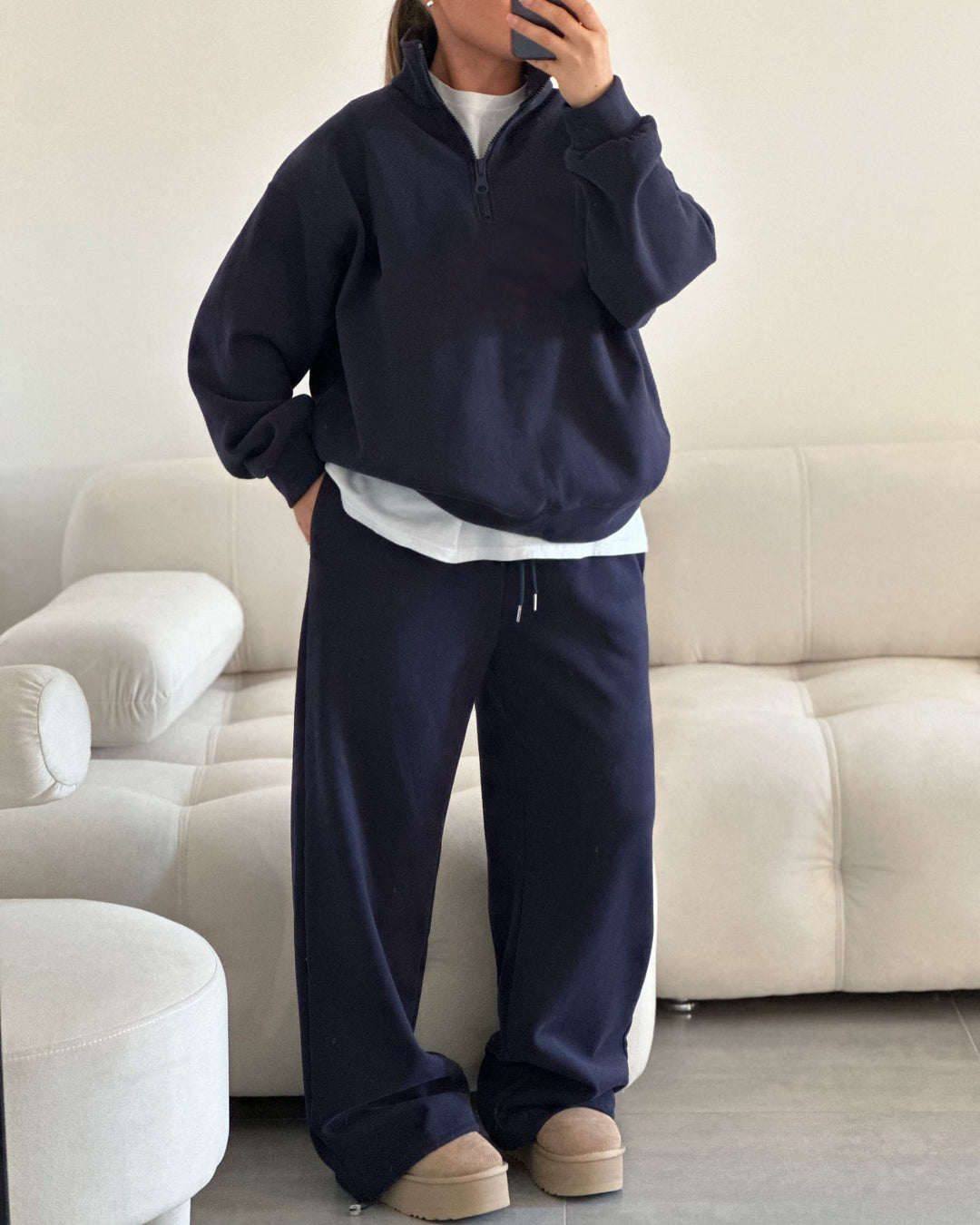 Damen nan Oversize Halbzip-Pullover mit Stehkragen und weitem Lounge-Hose-Set Drune