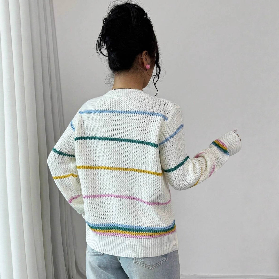 Damen lässiger Strickpullover mit V-Ausschnitt und buntem Streifenmuster Drune