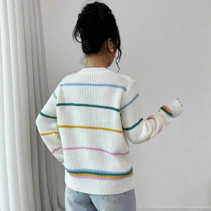 Damen lässiger Strickpullover mit V-Ausschnitt und buntem Streifenmuster Drune