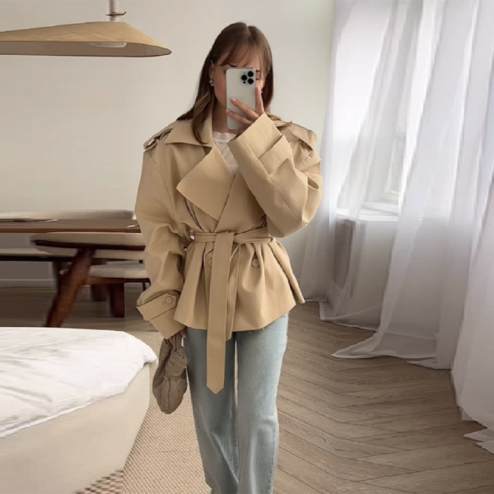 Damen Elegante oversized Trenchjacke mit Gürtel und strukturierten Ärmeln Drune