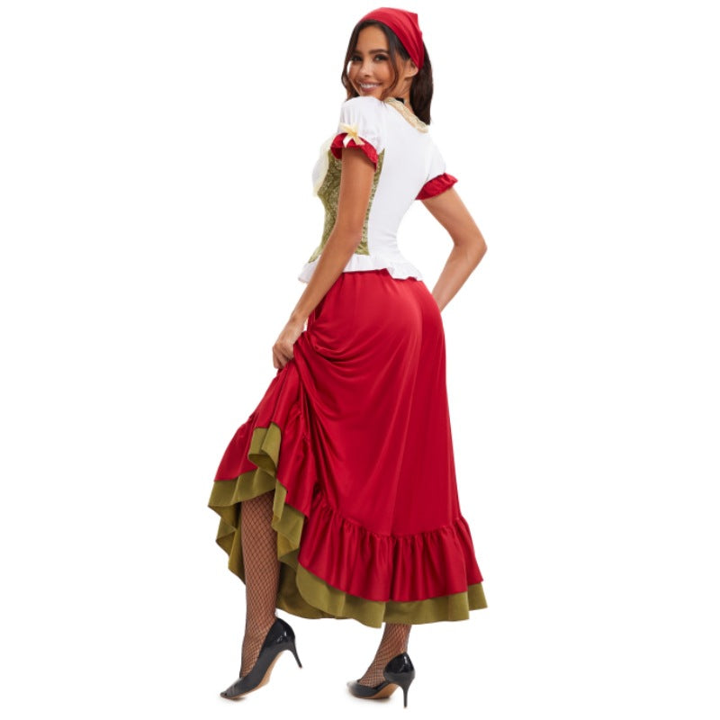 Damen nan sexy bayerisches Dirndl Kostüm mit geschnürtem Mieder Puffärmeln und mehrlagigem Stufenrock Drune
