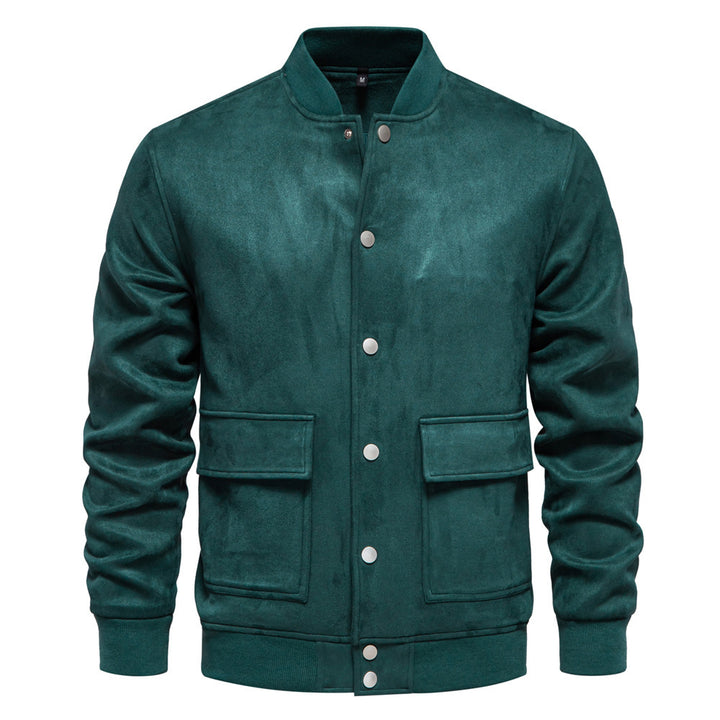 Herren nan Wildlederoptik-Collegejacke mit Druckknopfverschluss, Pattentaschen und geripptem Saum Drune
