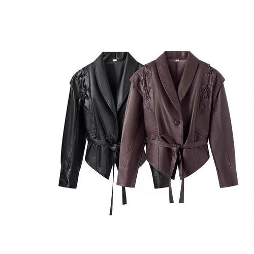 Damen Kunstlederjacke mit edlem Bindegürtel und raffinierten Schnürdetails Drune