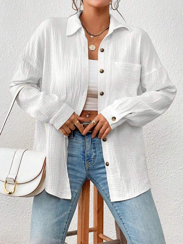 Damen Lässiges Overshirt mit Knopfleiste und Brusttasche Drune