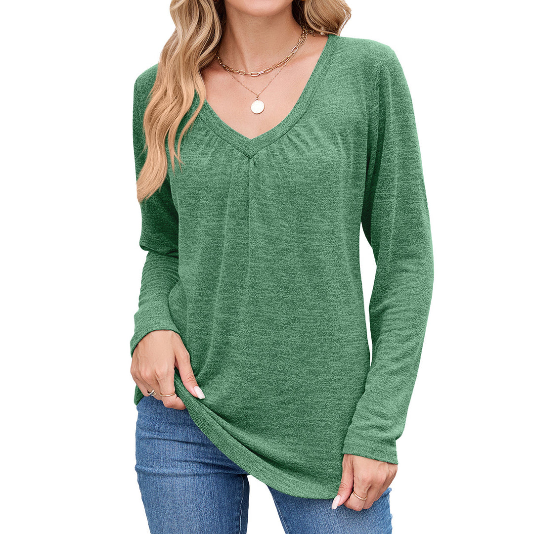 Damen lässiges Langarmshirt mit V-Ausschnitt und Falten Detail Drune