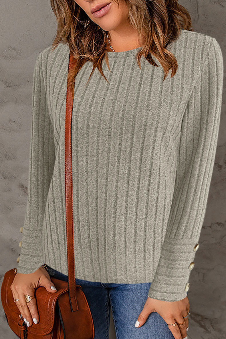 Damen modisches Strickoberteil mit Rippstruktur und eleganten Knopfdetails Drune