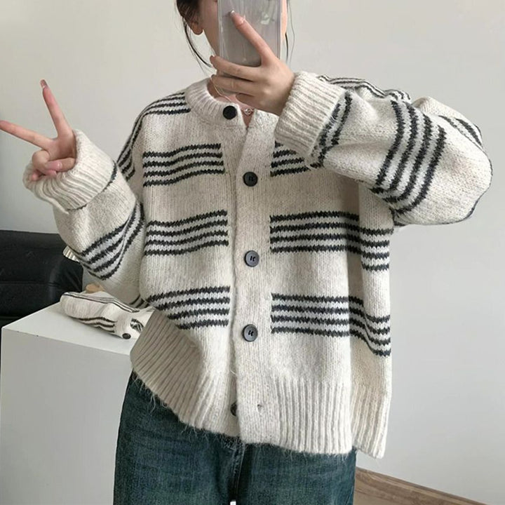 Damen Großer Strickcardigan mit dekorativem Streifendesign Drune