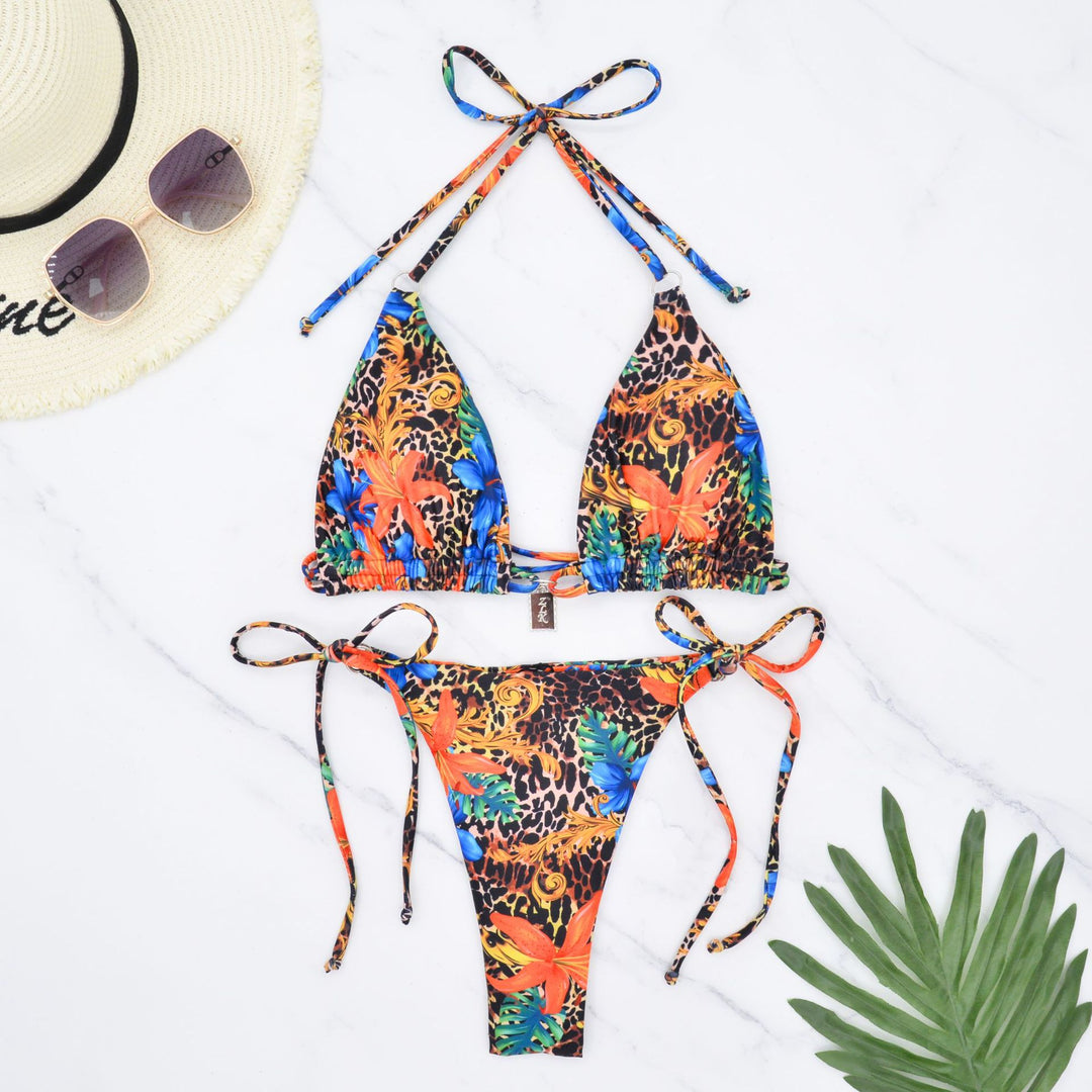Damen Triangel-Bikini mit verspielten Bindebändern und Blumenmuster Drune