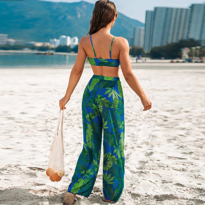 Damen Badeset mit floralem Design und lockeren Palazzohosen Drune
