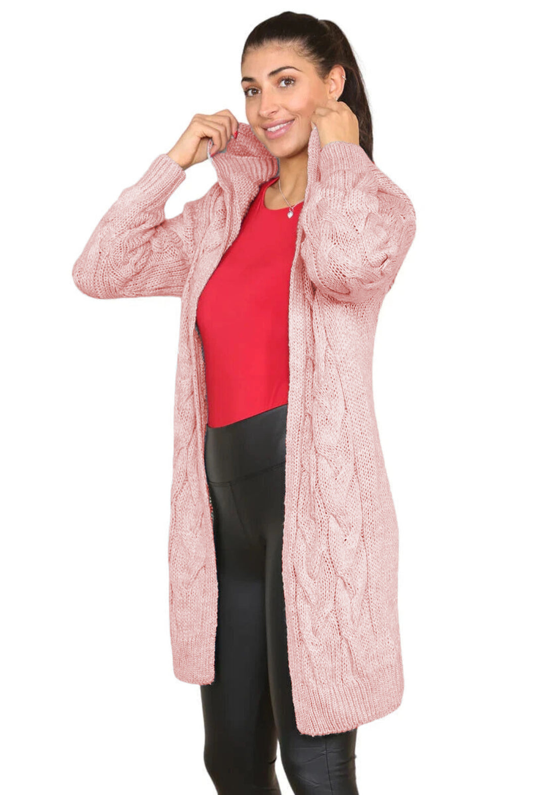Damen Strickmantel mit Kapuze und Zopfmuster Drune