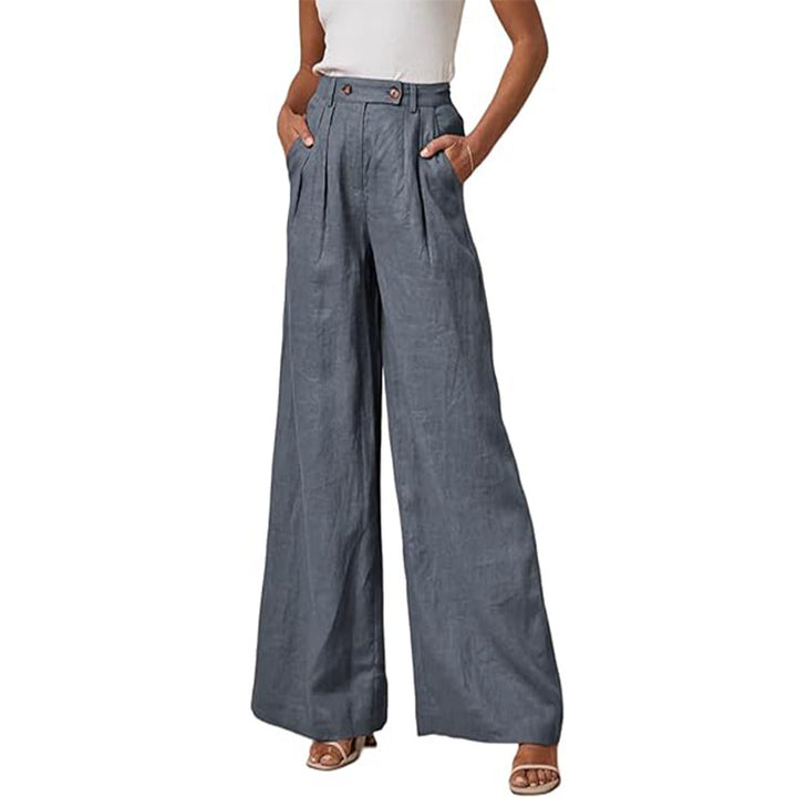 Damen elegante weite Leinenhose mit hohem Bund und Falten Drune