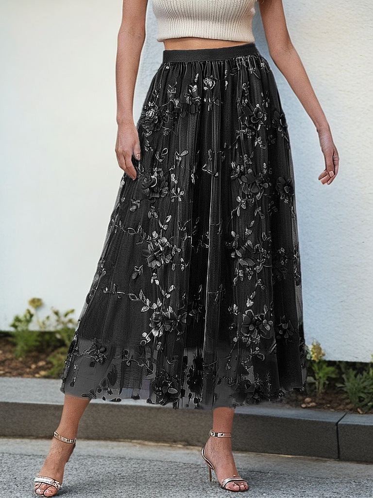 Damen Eleganter Tüllrock mit floralen Stickereien und elastischem Bund Drune