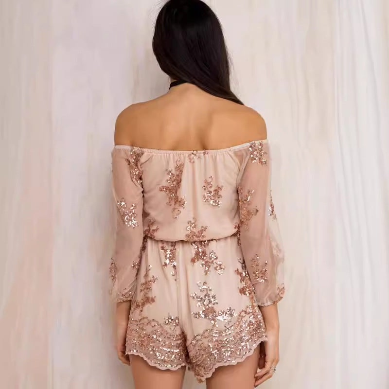Damen Elegantes Playsuit mit floralen Paillettenverzierungen und off-shoulder Design Drune