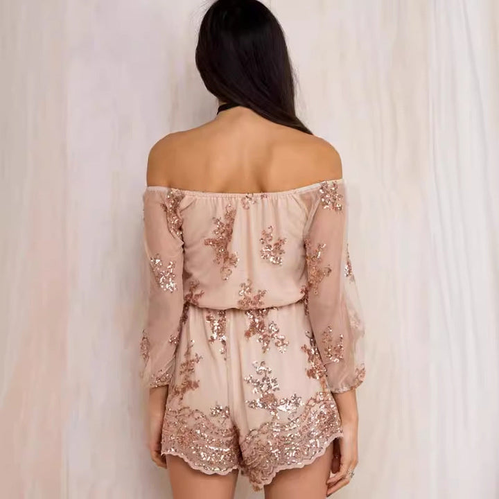 Damen Elegantes Playsuit mit floralen Paillettenverzierungen und off-shoulder Design Drune