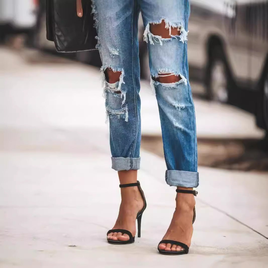 Damen Destroyed Boyfriend Jeans im lässigen Stil mit hohen Rissdetails Drune