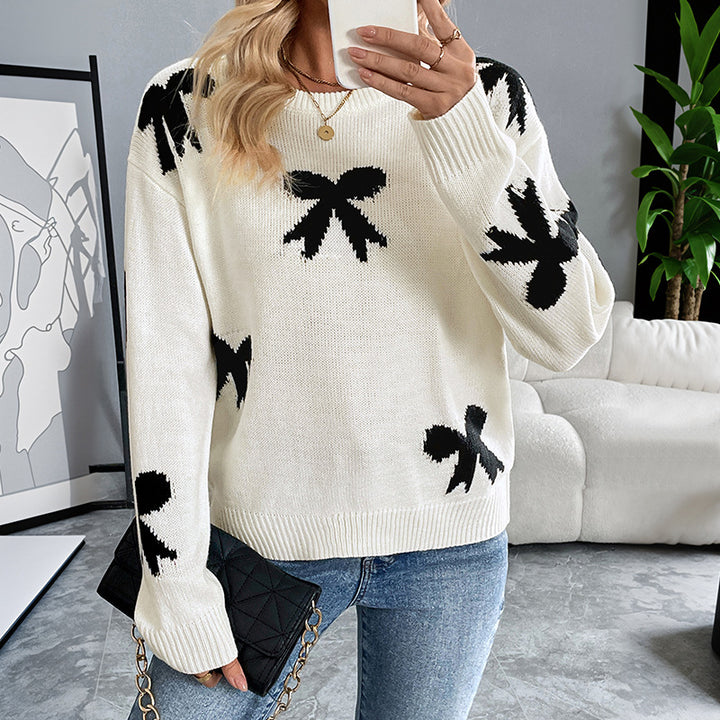 Damen elegant gestrickter Pullover mit stilvollem Schleifenmuster Drune
