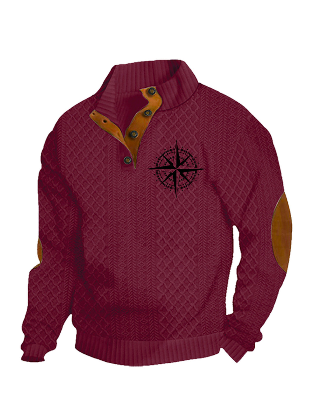 Herren nan Heritage-Strukturpullover mit Stehkragen Lederimitat-Besatz Ellenbogen-Patches und Halbknopfleiste Drune