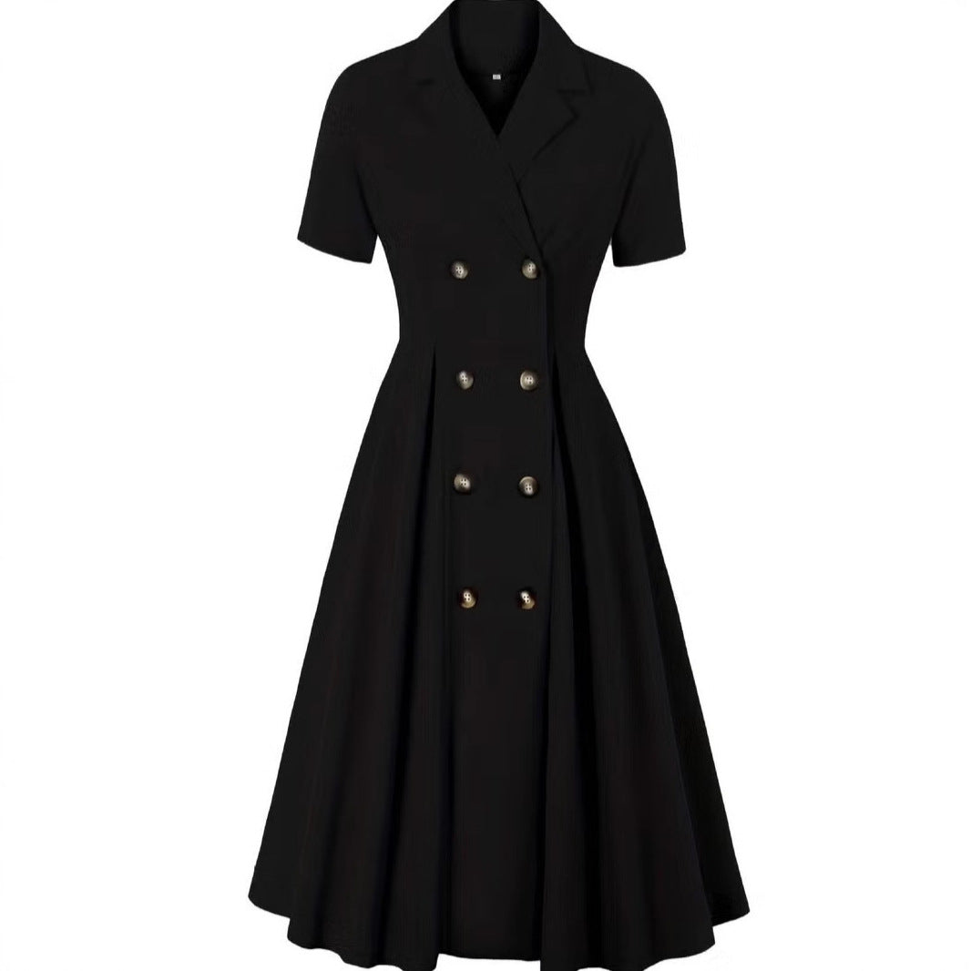 Damen elegantes Midikleid mit doppelter Knopfleiste und schwingendem Rock Drune