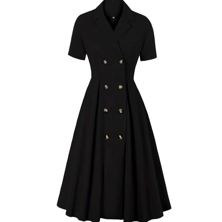 Damen elegantes Midikleid mit doppelter Knopfleiste und schwingendem Rock Drune