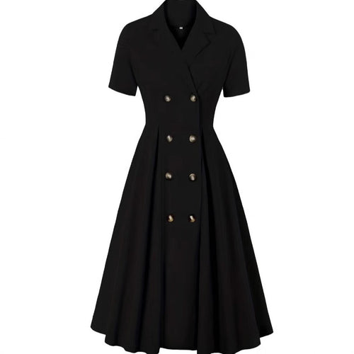 Damen elegantes Midikleid mit doppelter Knopfleiste und schwingendem Rock Drune