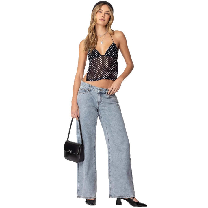 Damen Transparente Bluse mit Punktmuster und dehnten Trägern Drune