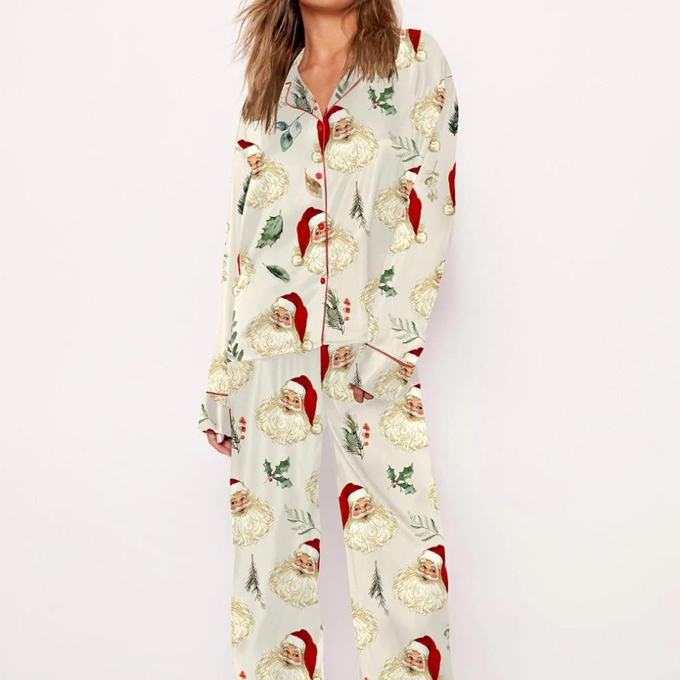 Damen Pyjama-Set mit festlichem Santa-Motiv und weichem Satin Drune