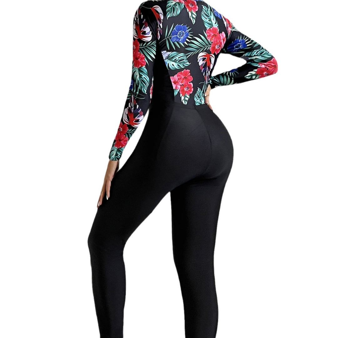 Damen sportlicher Langarm-Schwimmanzug mit farbenfrohen Blumenmuster Drune