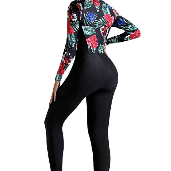 Damen sportlicher Langarm-Schwimmanzug mit farbenfrohen Blumenmuster Drune
