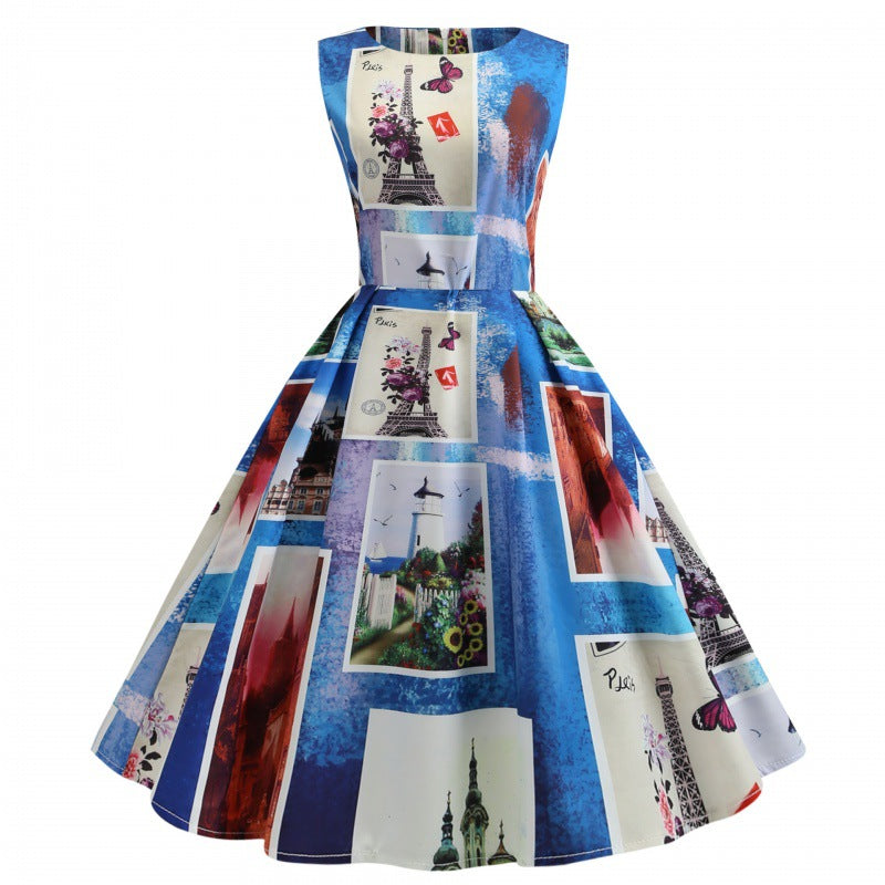 Damen Vintage A-Linien Kleid mit kunstvollem Motiv Drune