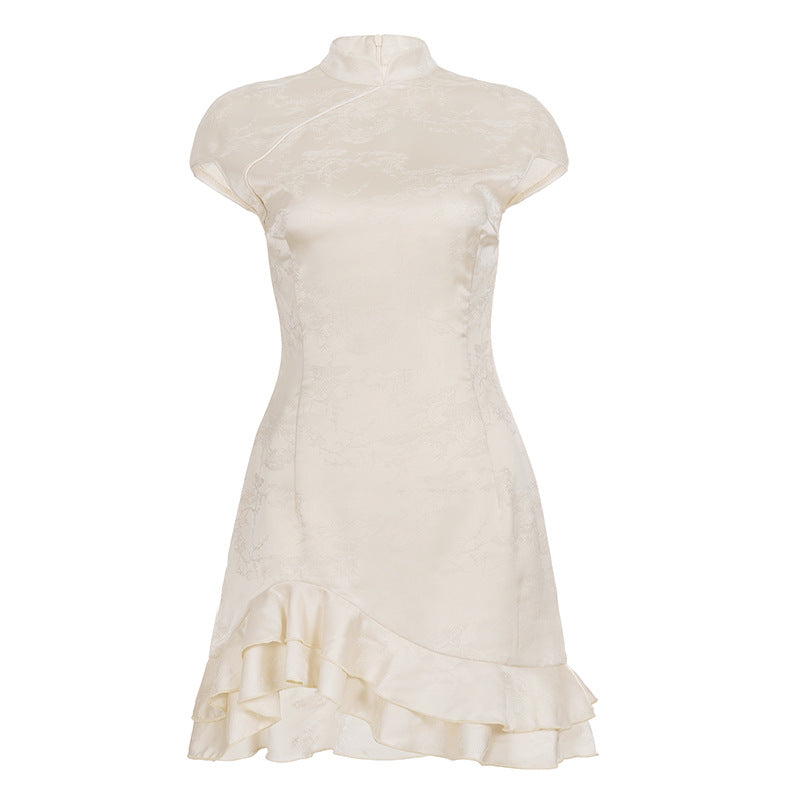 Damen elegantes Wickelkleid mit romantischem Rüschensaum und hohem Kragen Drune
