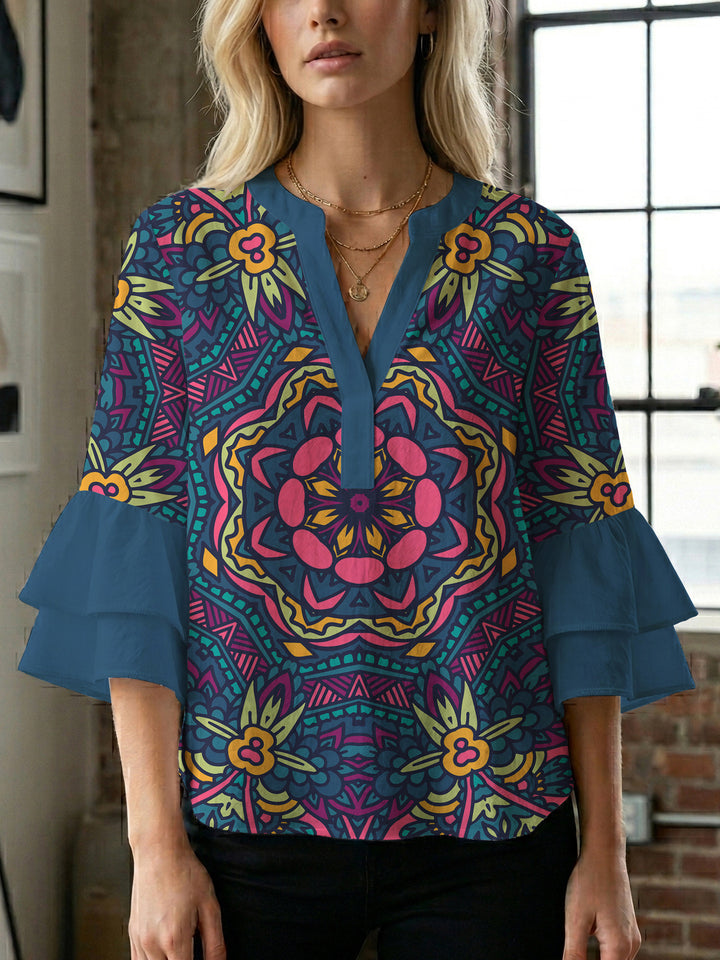 Damen elegantes Blusenshirt mit voluminösen Rüsenärmeln und grafischem Blumendesign Drune