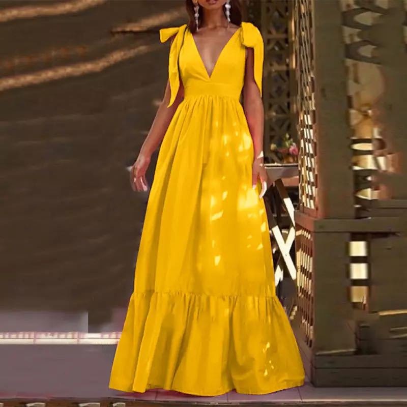 Damen Maxikleid mit elegantem V-Ausschnitt und ballonförmigen Ärmeln Drune